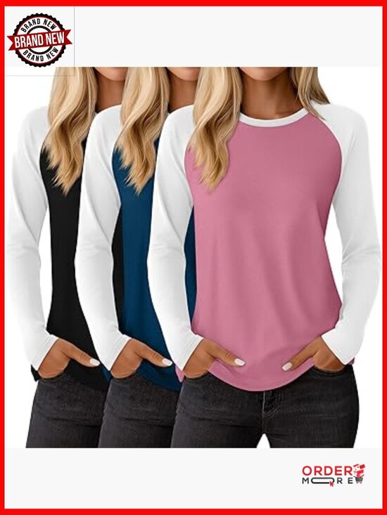 Tops - 3 Pack Women's Long Sleeve Baseball Tees, Crew Neck Tunic Tops Loose Fit
